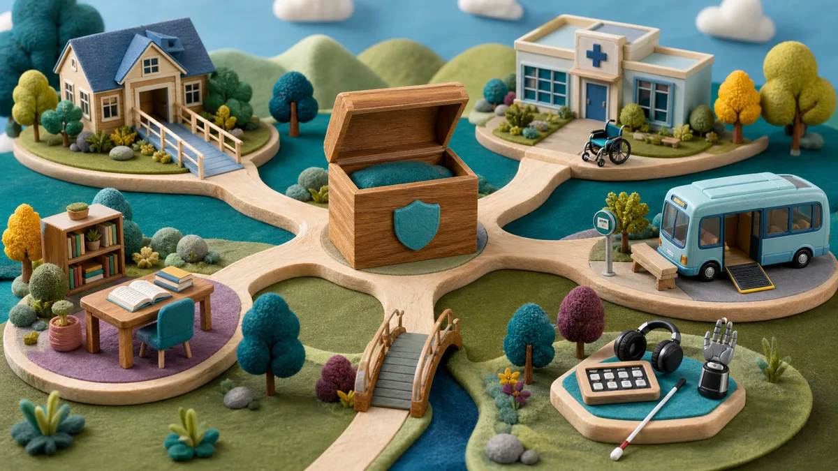 A handcrafted savings box connects to icons for housing, health care, transport, school, and assistive tools.