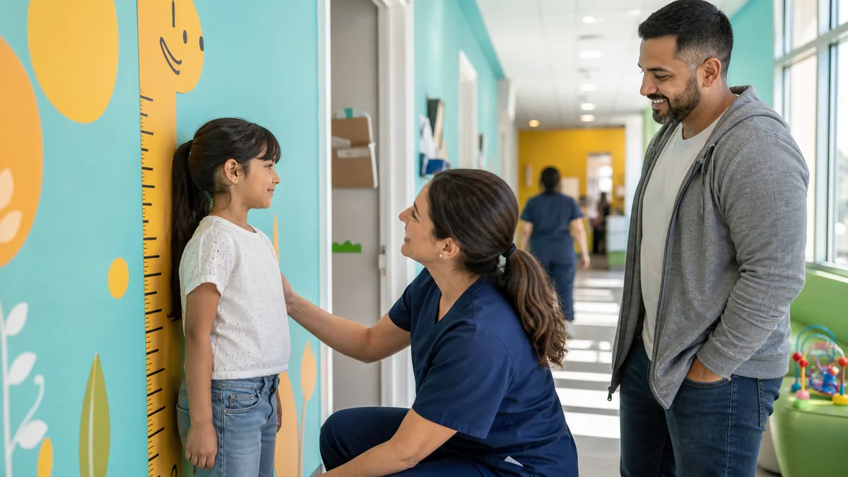 A child and parent walk through a bright pediatric clinic while a nurse marks the child's height.
