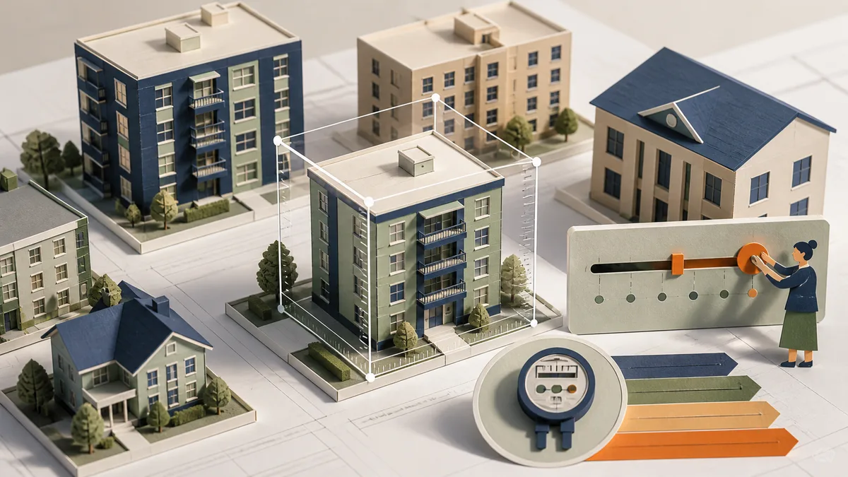 An architectural paper model measures one apartment while a local payment-standard slider is adjusted.