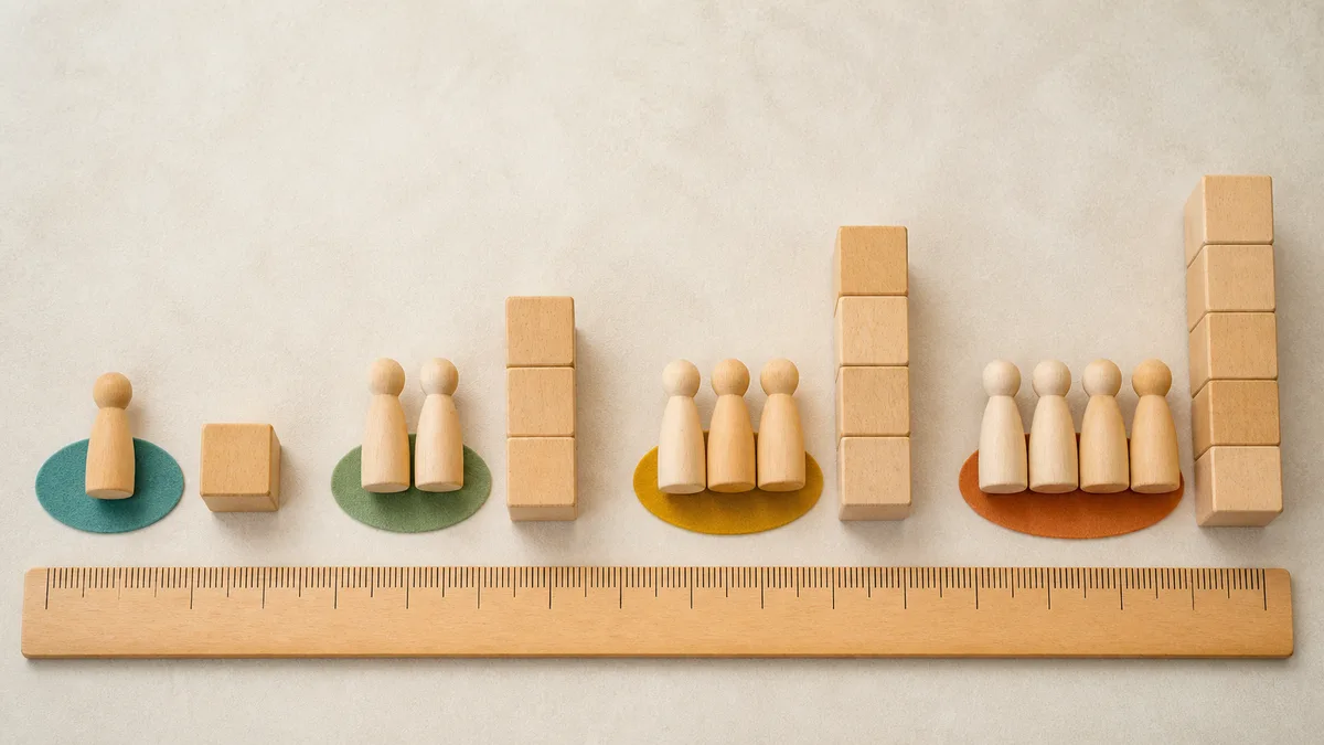 Wooden household figures and rising block stacks show that poverty guidelines change with household size.