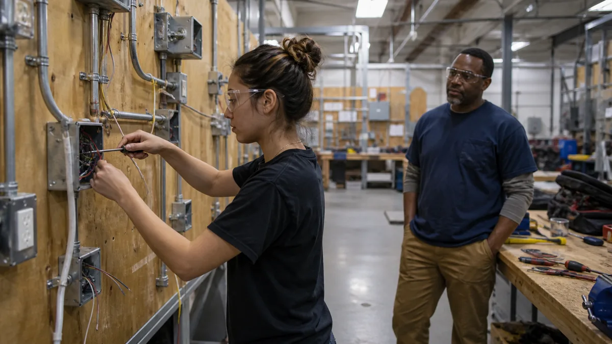 An apprentice learns electrical wiring in a hands-on training shop while a mentor watches.