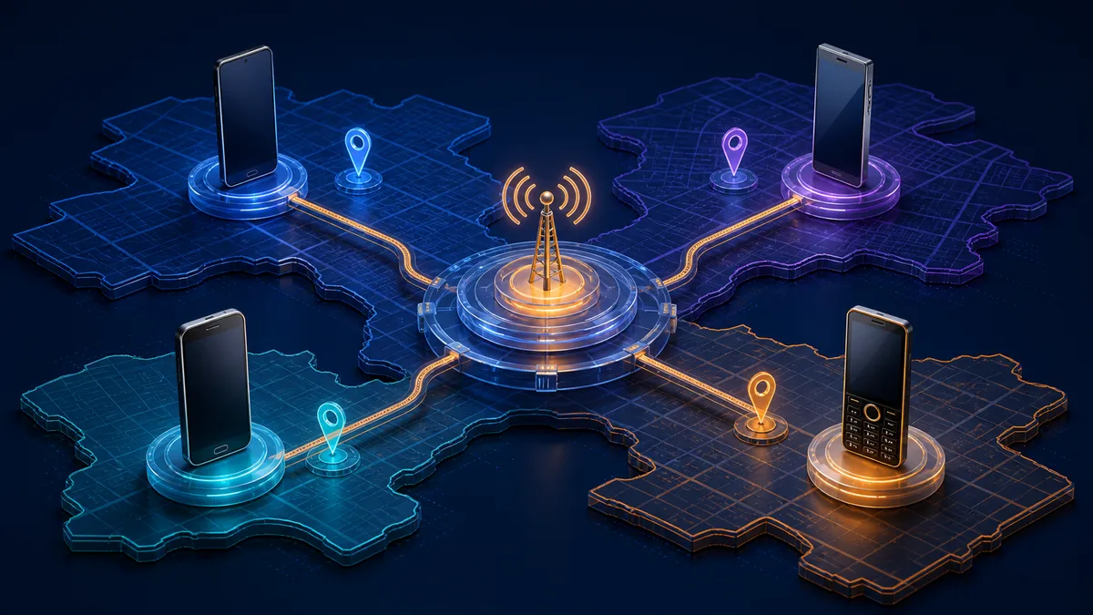 Unbranded mobile phones connect to one federal Lifeline signal while a ZIP-code map checks local service.