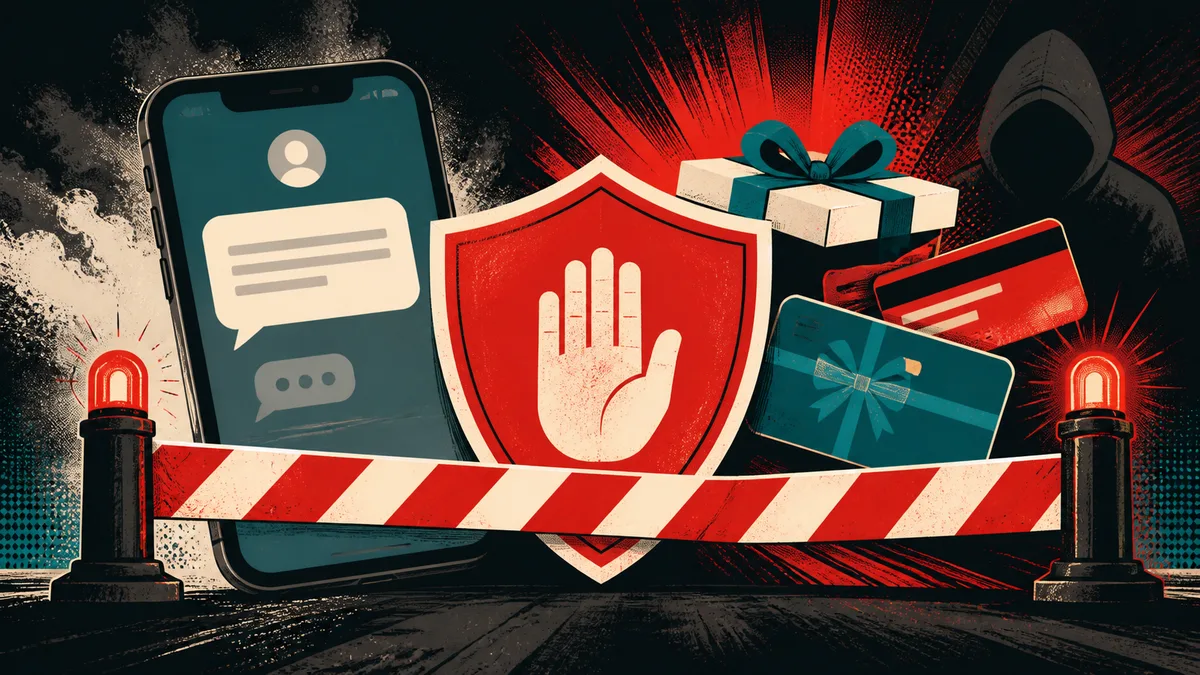 A fake grant message is stopped by a bold warning pattern before it reaches bank and gift-card symbols.