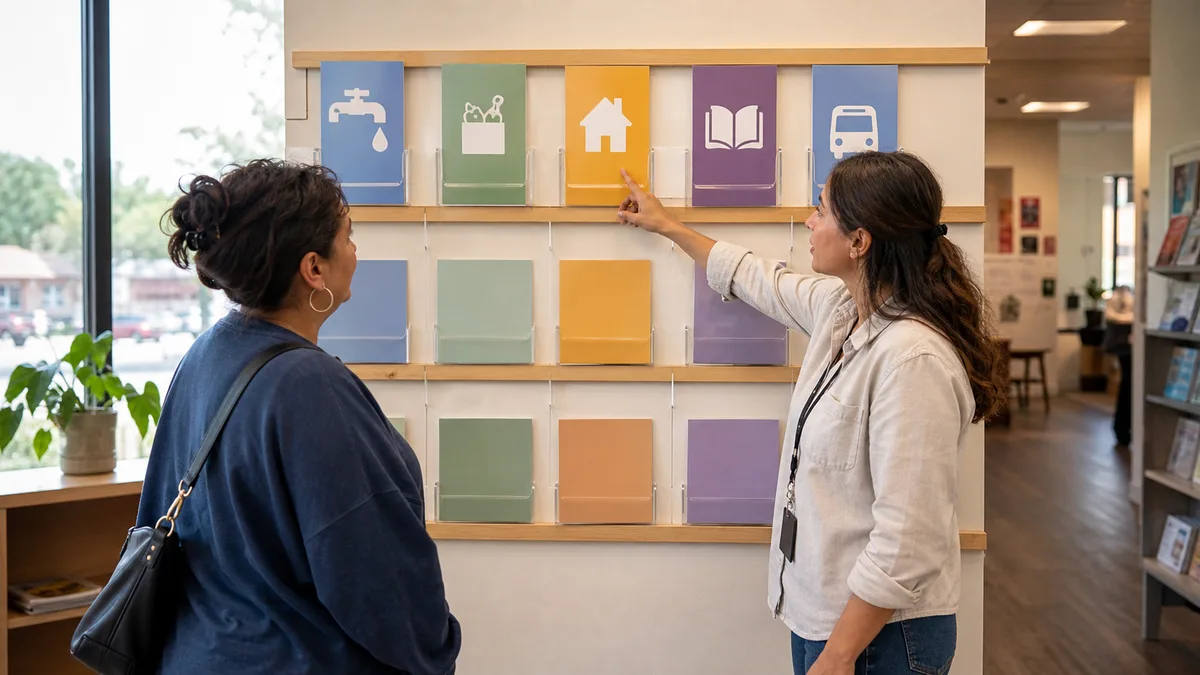 A community resource desk sorts urgent needs into utility, food, rent, school, and local charity paths.