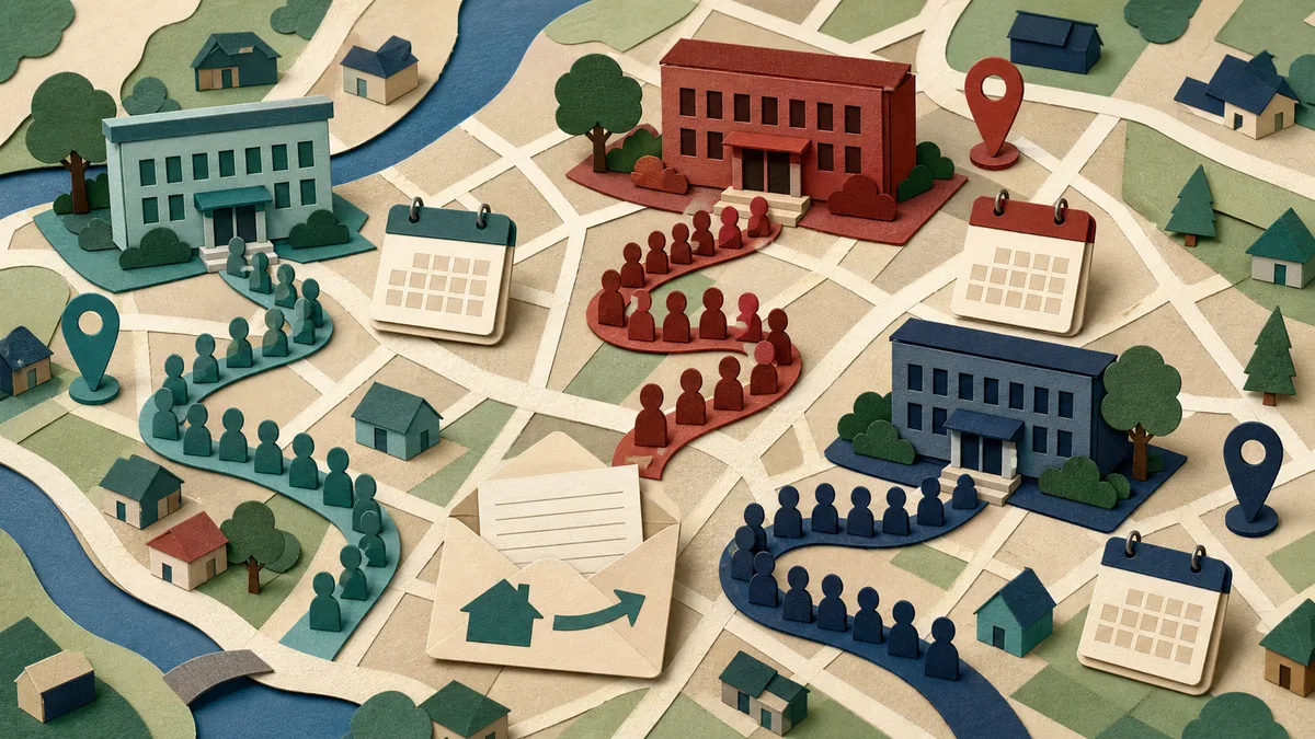 Paper paths form separate waiting lines at three housing agencies on a local map.