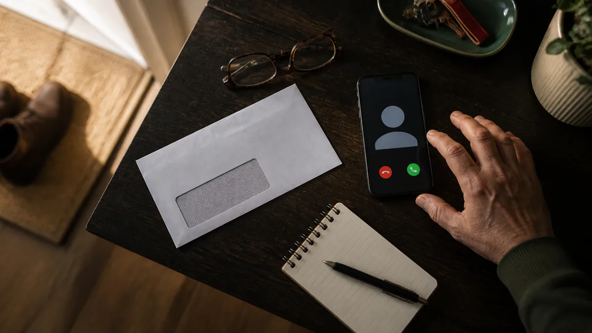 A person pauses before answering an unexpected call beside a blank envelope and notepad.