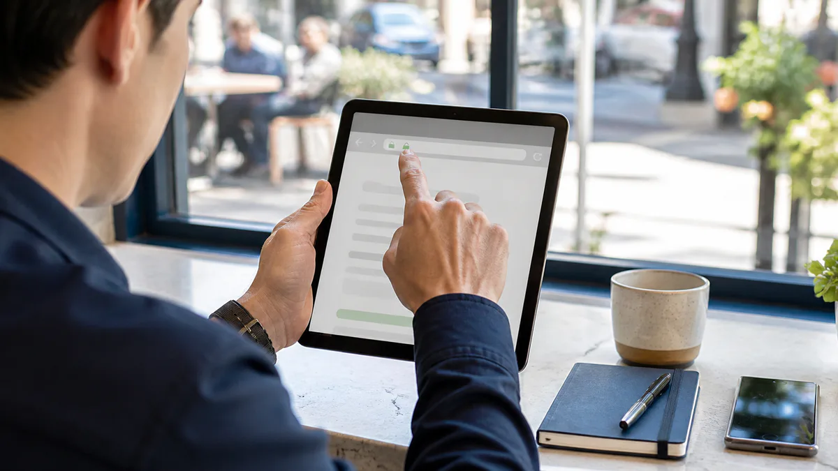 A person checks the web address on a tablet before trusting an online offer.