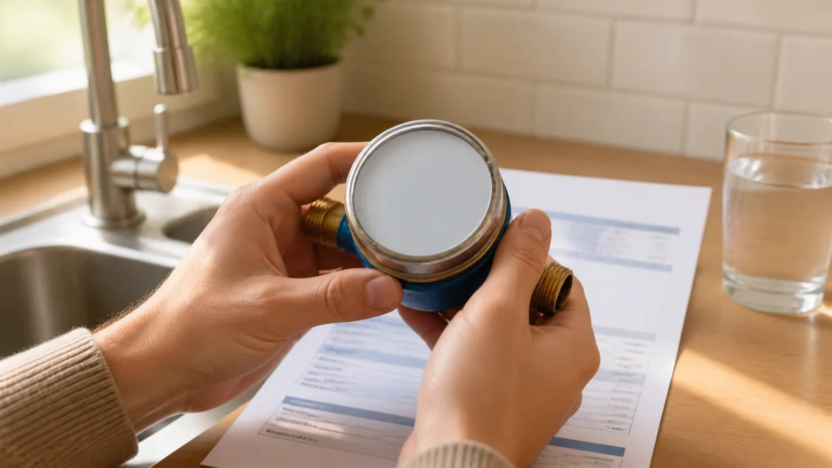 A blue-toned water meter, faucet, phone, and local map form a clear path to current water bill help.