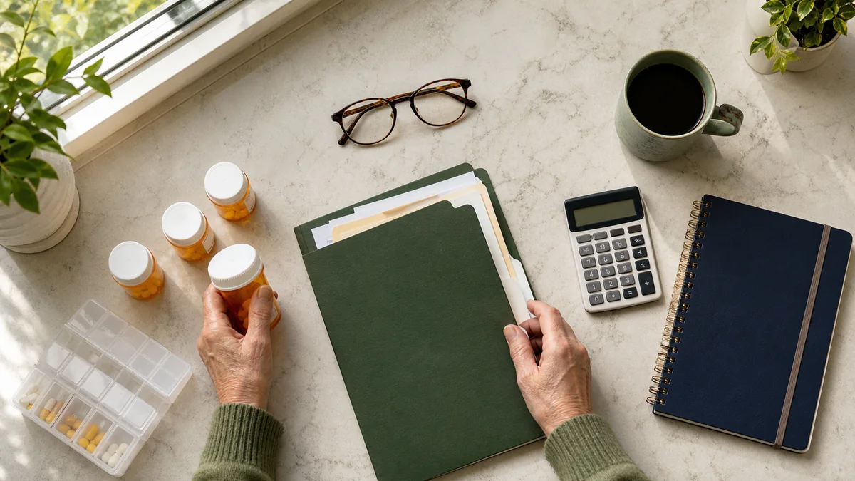 An older adult's hands organize prescription bottles, a pill organizer, a calculator, and an application folder on a kitchen counter.