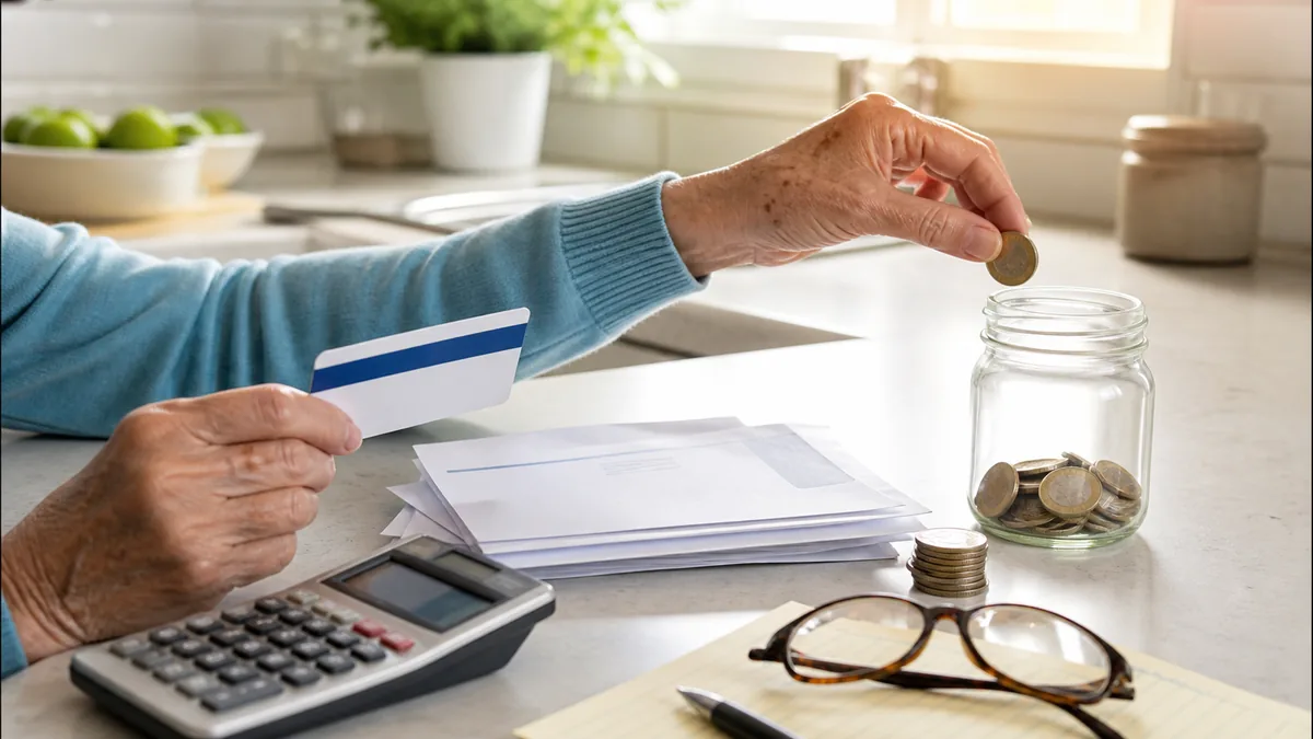 An older adult sorts a plain health card, bills, a calculator, and coins on a kitchen counter.