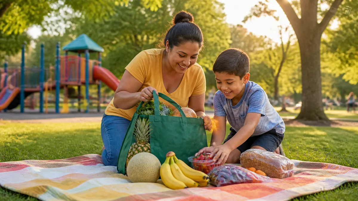 A parent and child unpack summer groceries on a picnic blanket beside a playground.