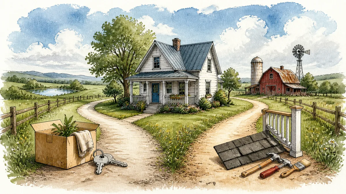 A rural farmhouse stands beside clear paths for buying a home and making safety repairs.