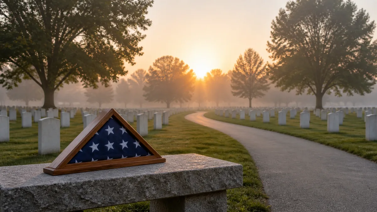 A quiet national cemetery path at dawn leads past simple white grave markers and a folded memorial flag.