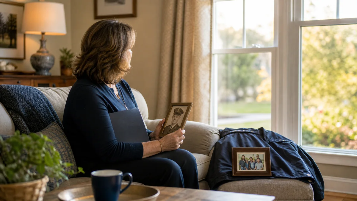 A surviving spouse sits by a home window with a framed service portrait and a closed benefit folder.