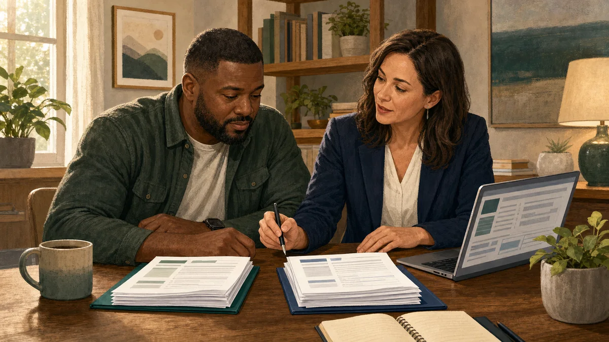 A Veteran and a benefits counselor review two separate stacks of benefit paperwork at a table.