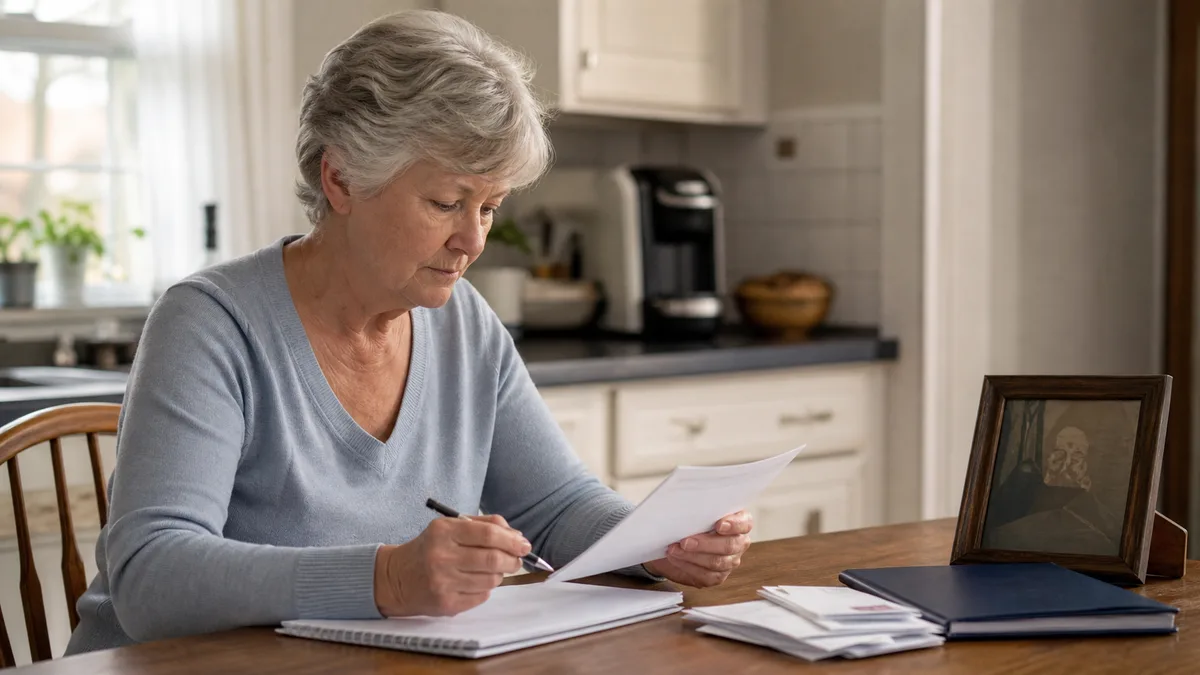 A surviving spouse reviews a simple household budget beside a framed service keepsake in a sunlit kitchen.