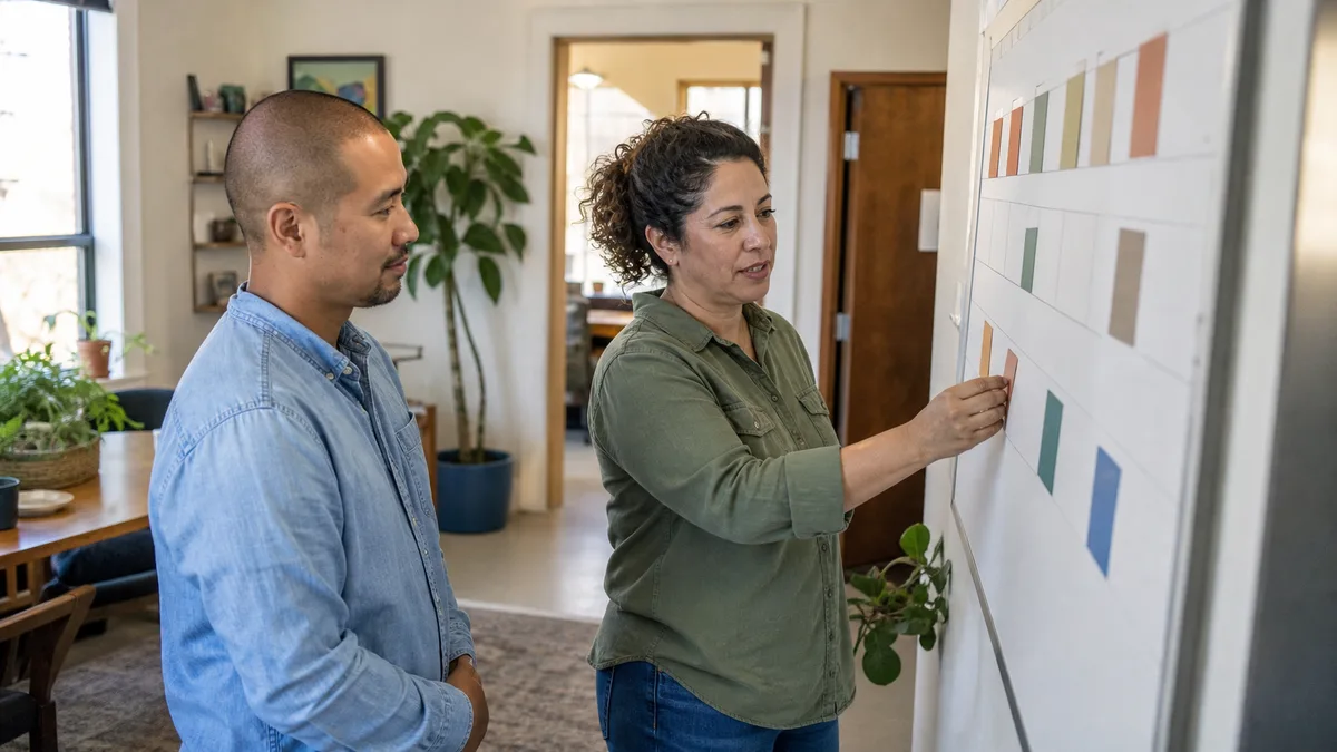 A counselor and client stand at a whiteboard and arrange color-coded budget cards together.
