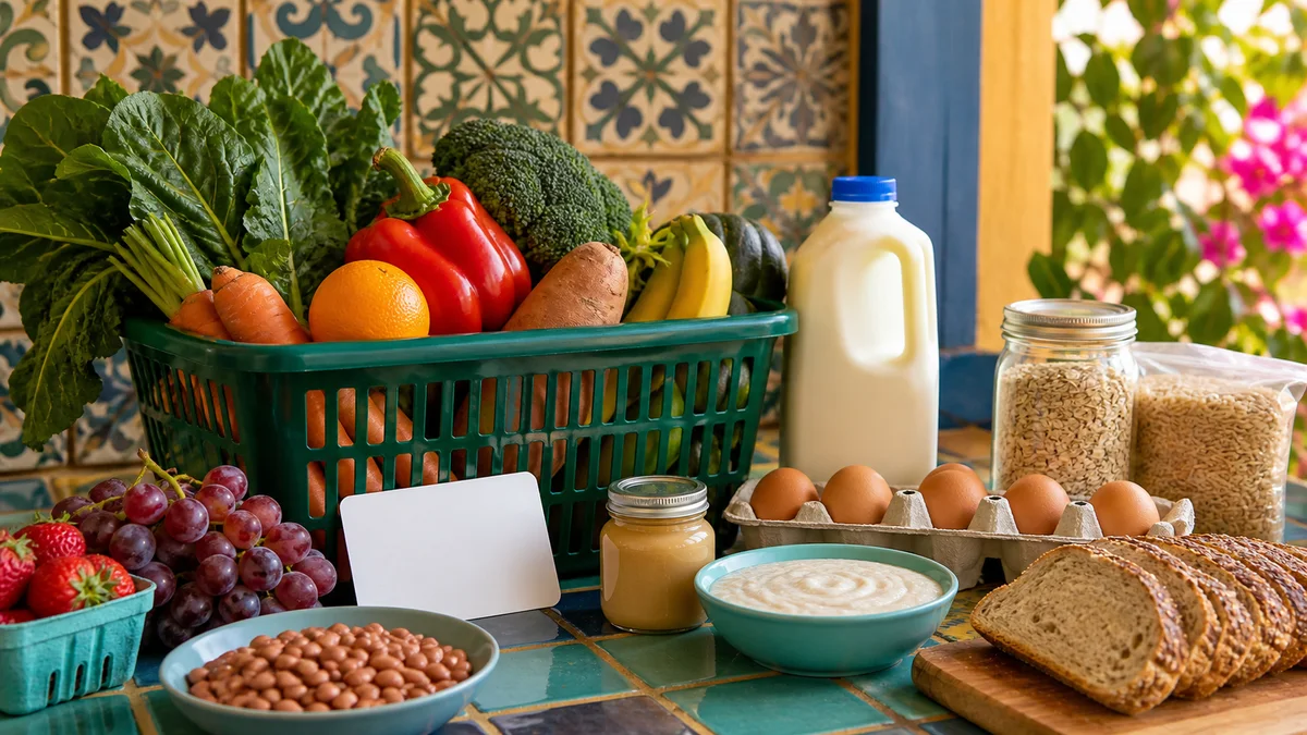 A market basket holds fruit, vegetables, milk, eggs, whole grains, beans, and infant foods.
